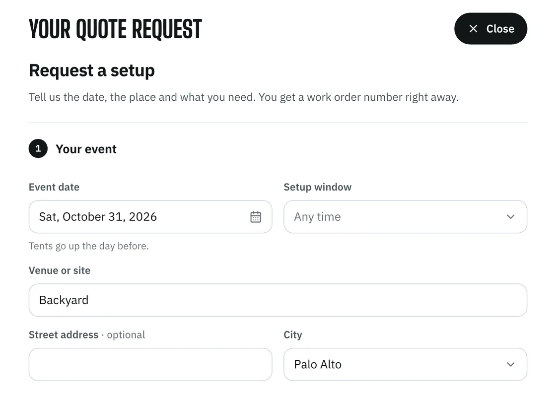 Richiedi un modulo di allestimento sul sito di esempio Halyard: data dell'evento, finestra di allestimento, sede, indirizzo e città