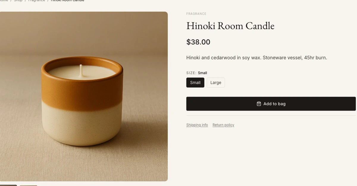 Product page with an Add to bag button in the Atelier template