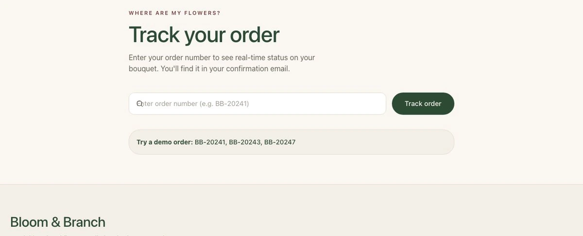 Order tracking page of the published Local Flower Shop app