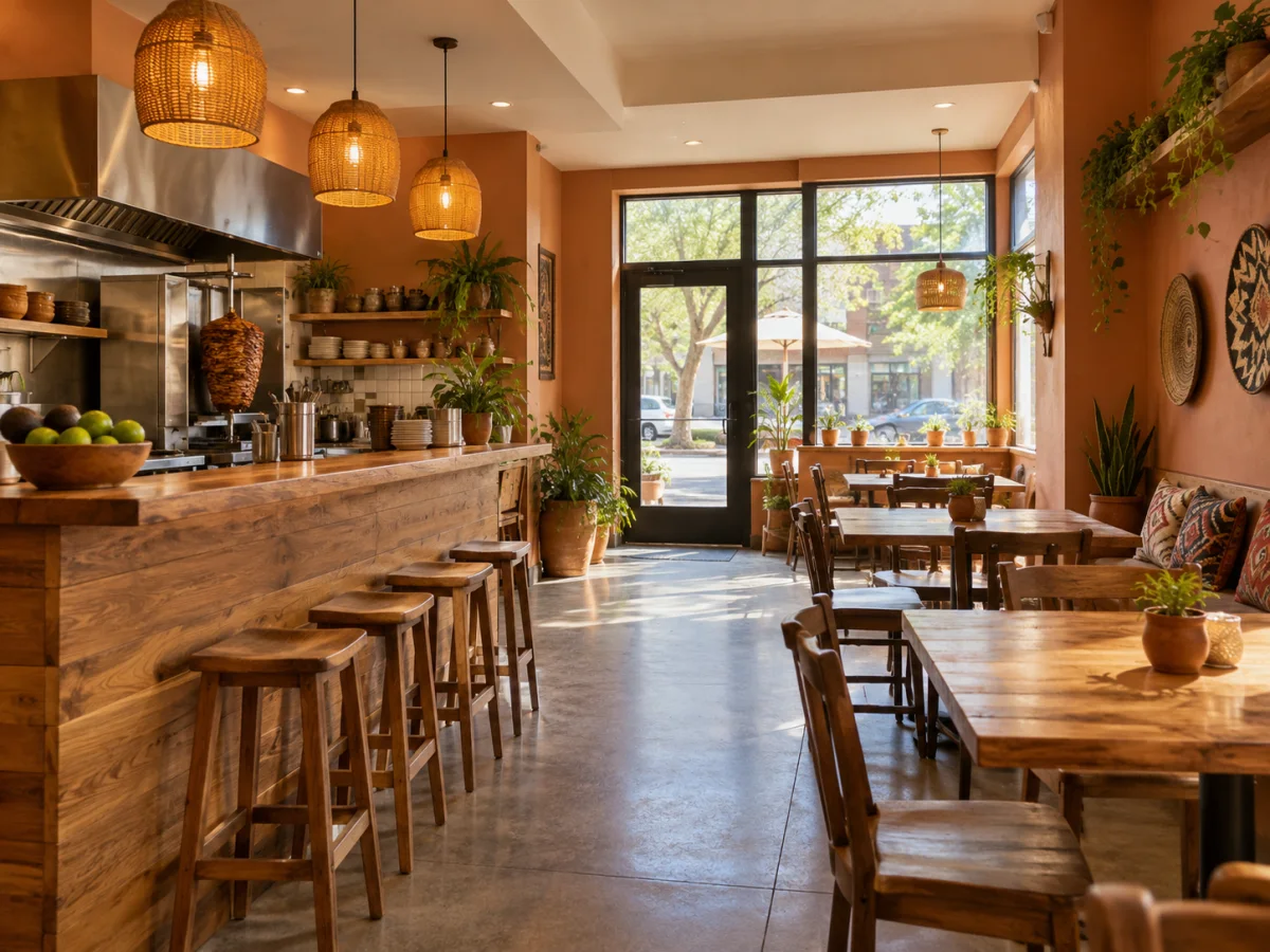 Sample photo made with AI of a restaurant with a wooden counter and stools on the left, tables on the right and terracotta walls