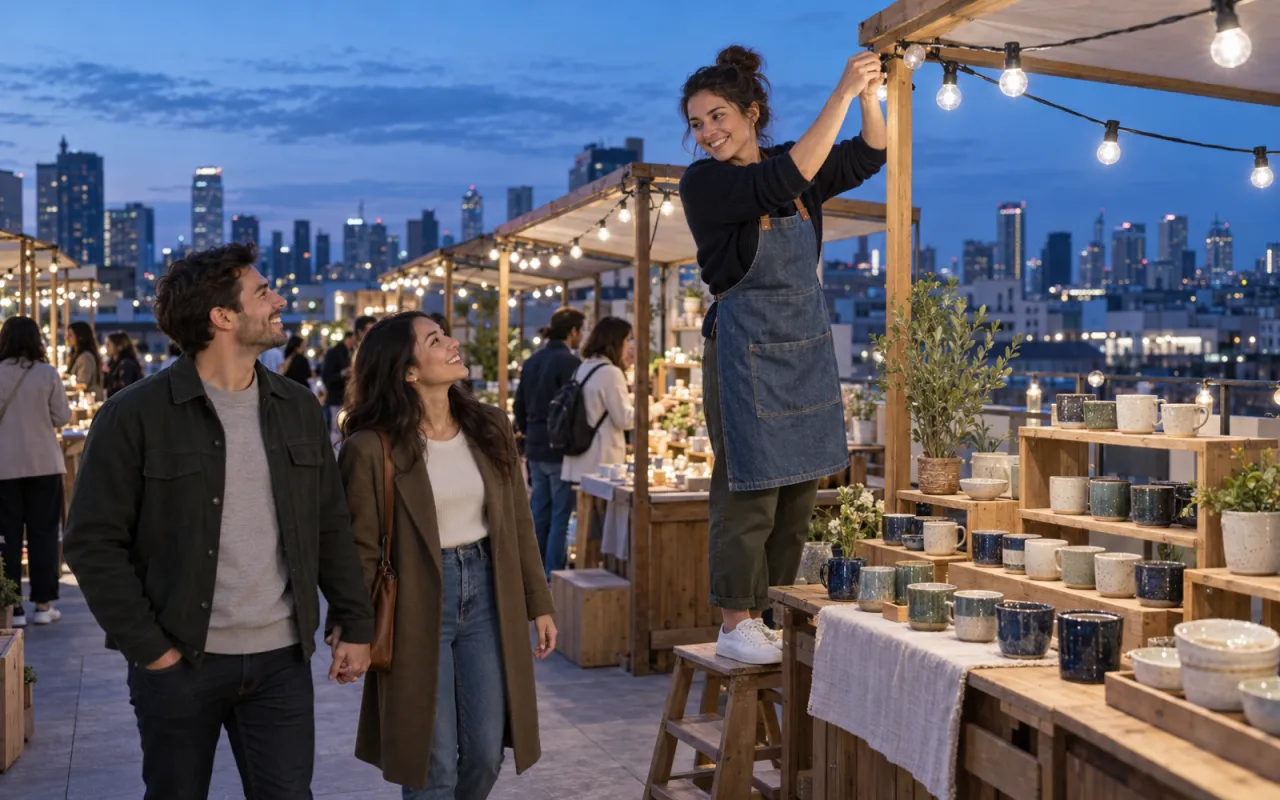 A stall owner hangs string lights at a rooftop market at dusk as a couple arrives