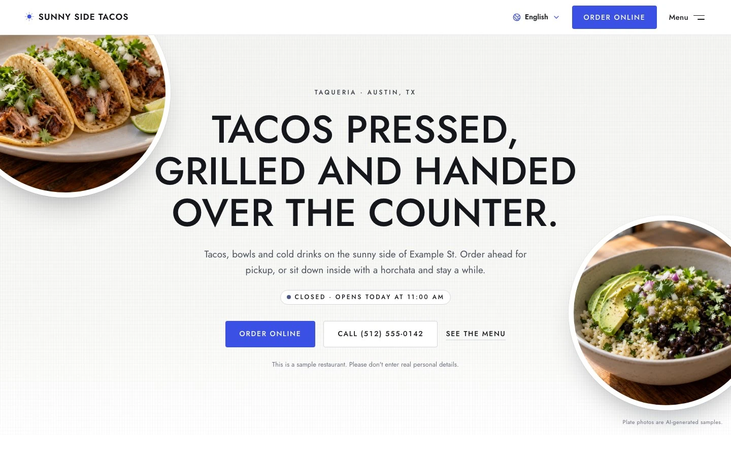 صفحه اصلی Sunny Side Tacos با دکمه‌های «سفارش آنلاین» و «تماس» زیر عنوان