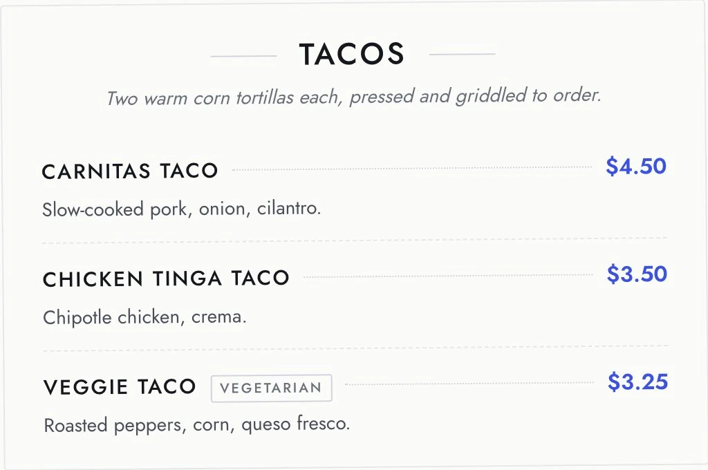 بخش تاکو پس از تغییر: Carnitas Taco به قیمت $4.50
