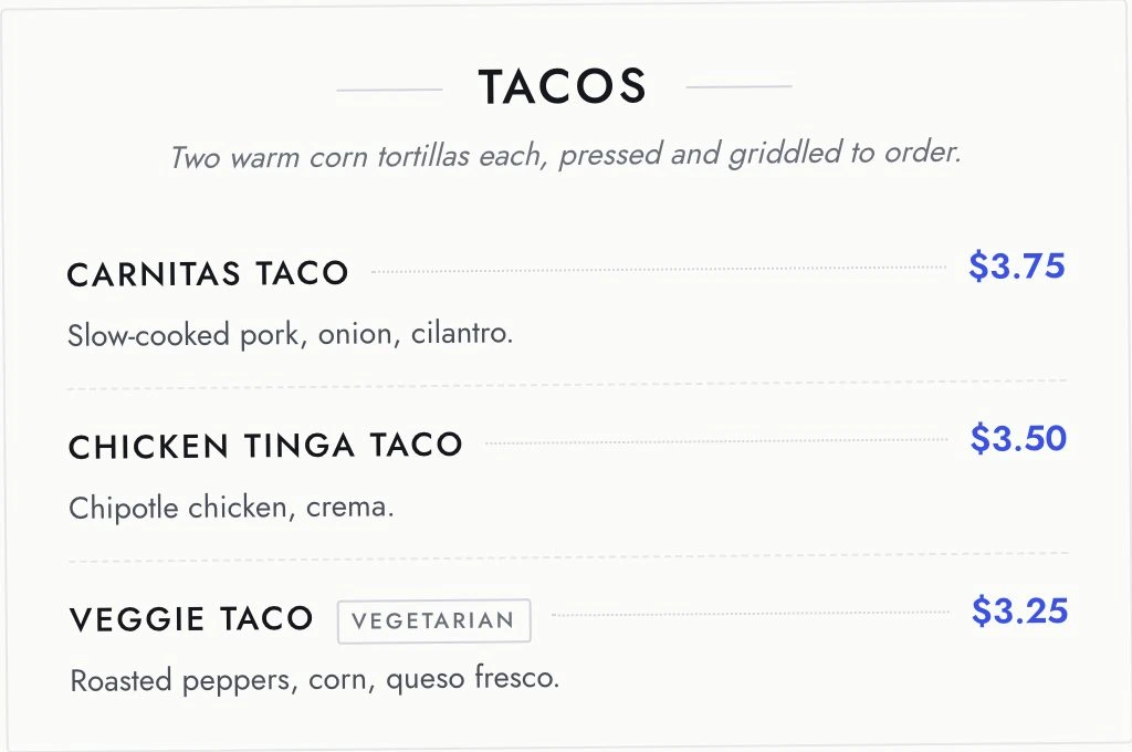 بخش تاکو پیش از تغییر: Carnitas Taco به قیمت $3.75