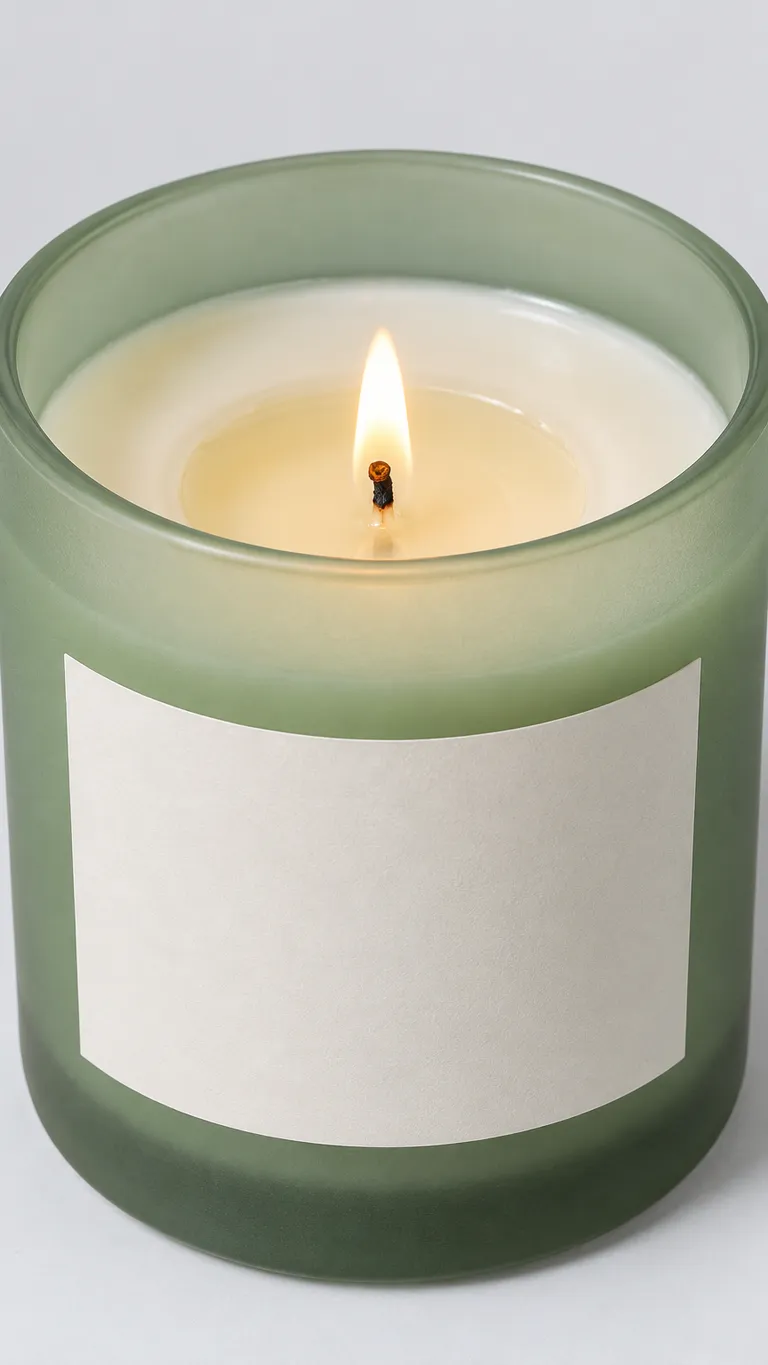 Visual concept: a lit candle in frosted green glass, close up