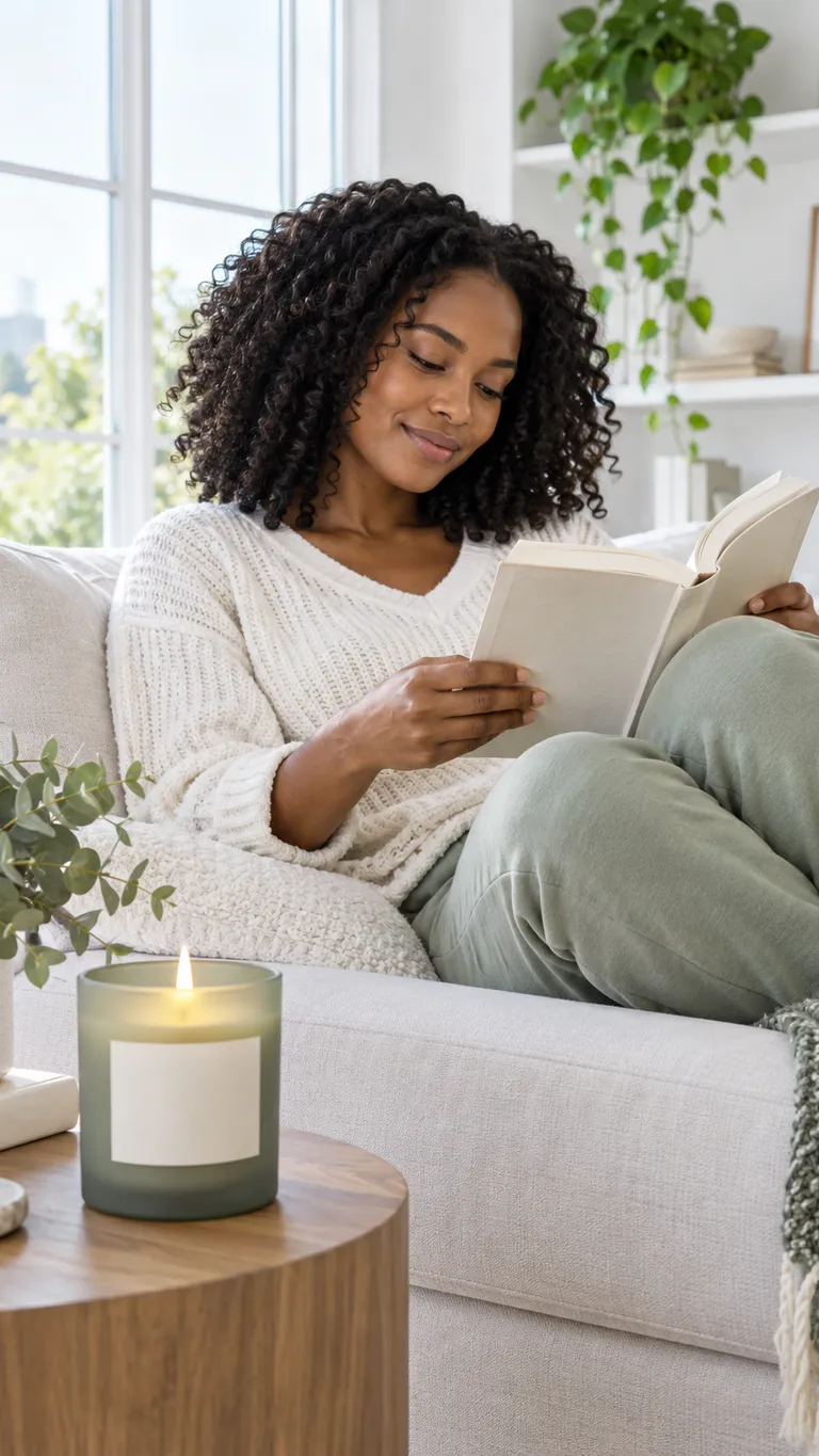 Visual concept: a woman reading on a sofa with the candle lit beside her