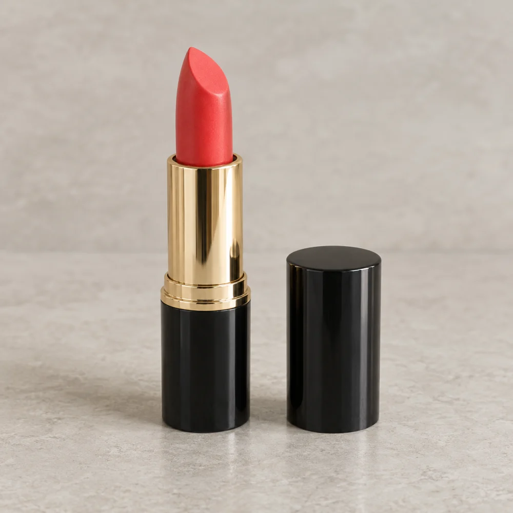 AI-generated sample product photo: a coral lipstick in a gold tube with a black base, its black cap beside it